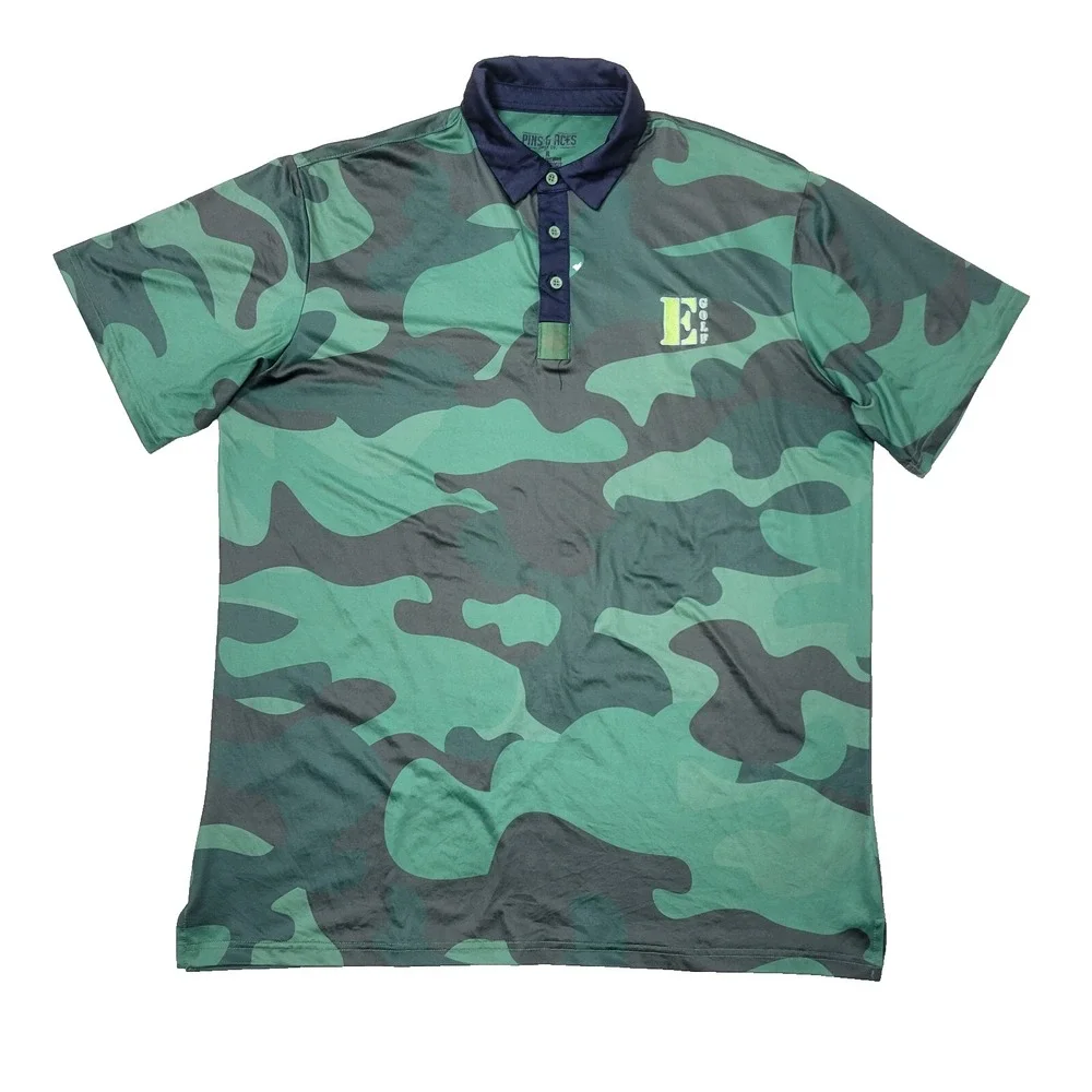 Pins & Aces‎ Mens XL Green Camo Performance Stretch Golf Polo Short Sleeve